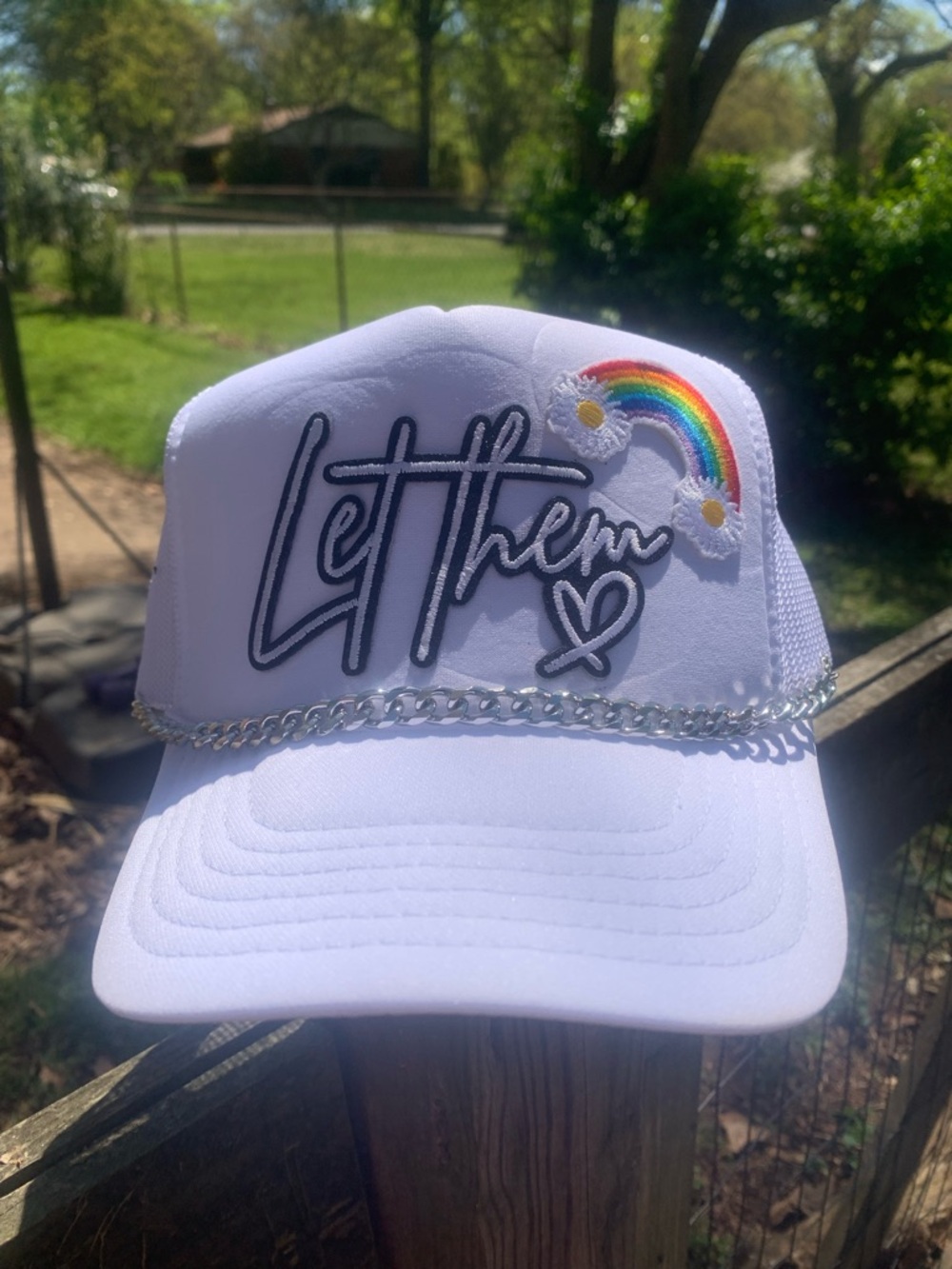 Let Them White Womens Trucker Hat with Rainbow Patch